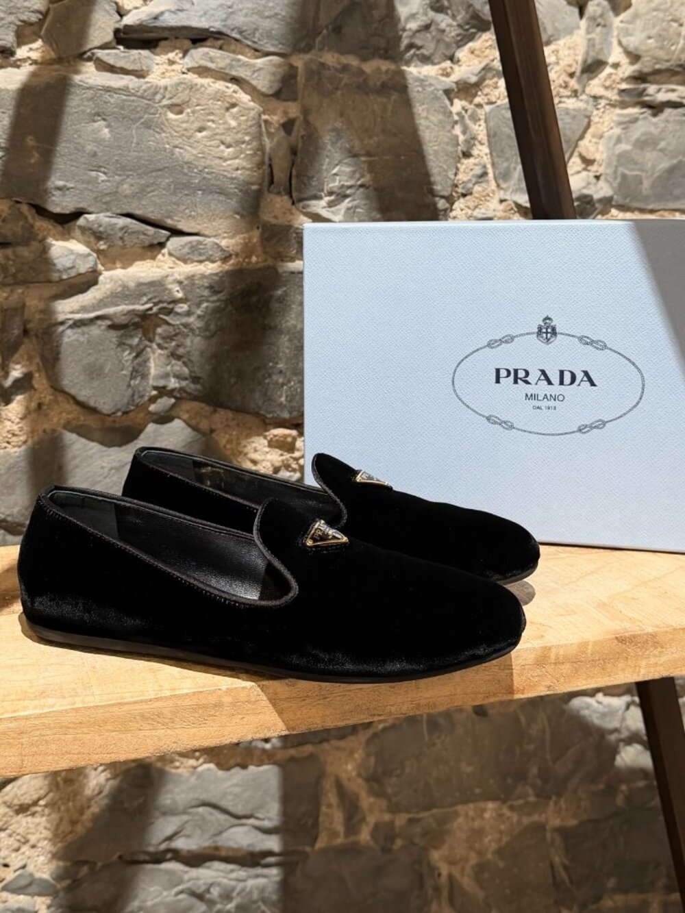 Prada 2024 Black Velvet Gold Triangle Logo Loafers